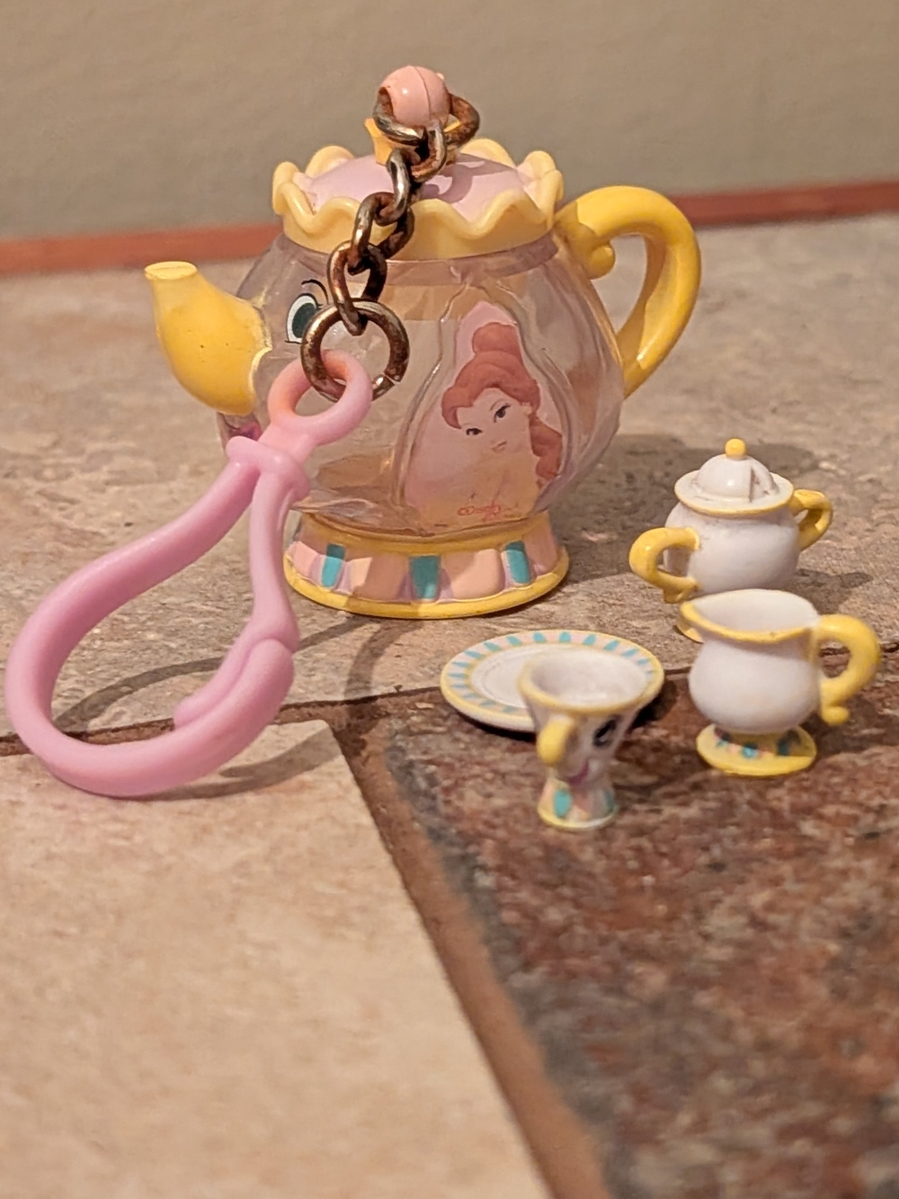 vintage Disney Beauty and the Beast miniature tea set Keychain Kids Toy Charm